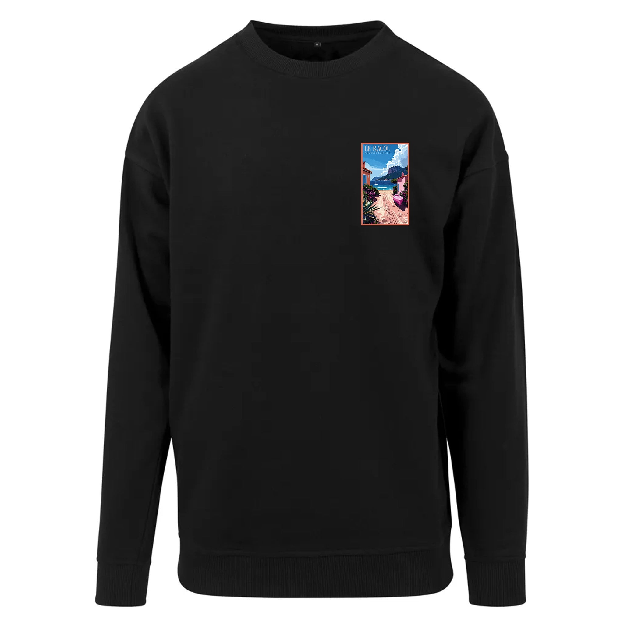 Sweat-shirt rétro Le Racou - Illustration vintage cabanes de pêcheurs et plage Argelès-sur-Mer Agapit