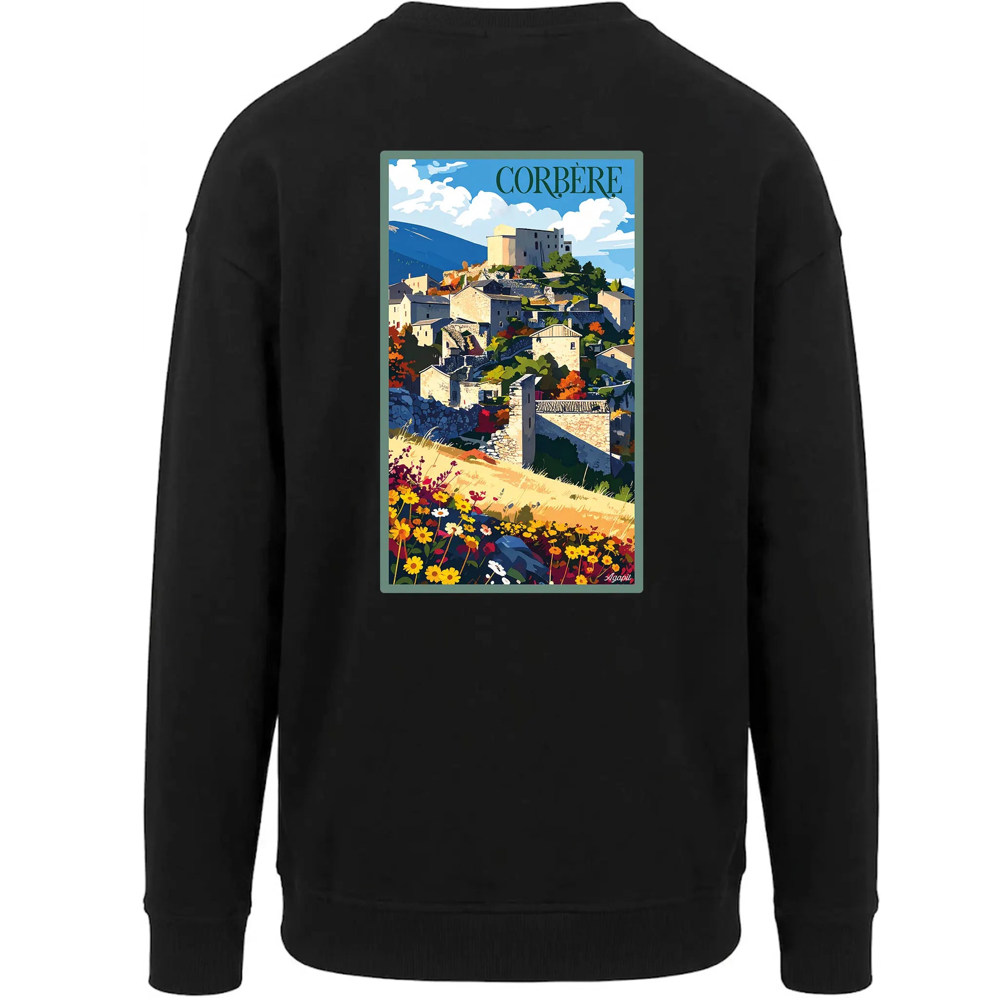 Sweat-shirt rétro Corbère d'en haut - Illustration vintage village perché et château médiéval Agapit
