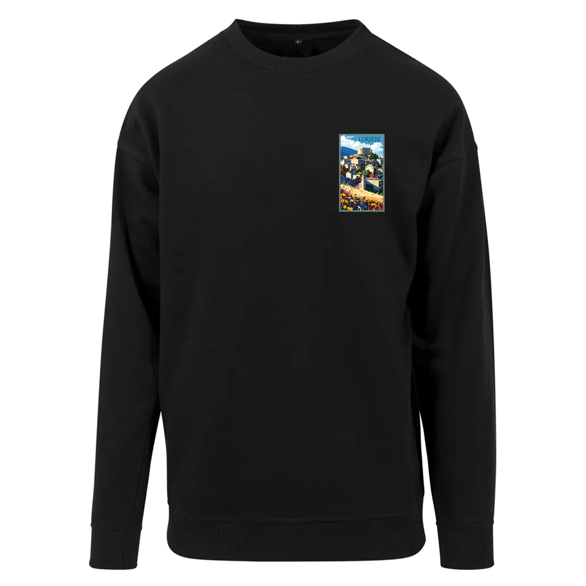 Sweat-shirt rétro Corbère d'en haut - Illustration vintage village perché et château médiéval Agapit