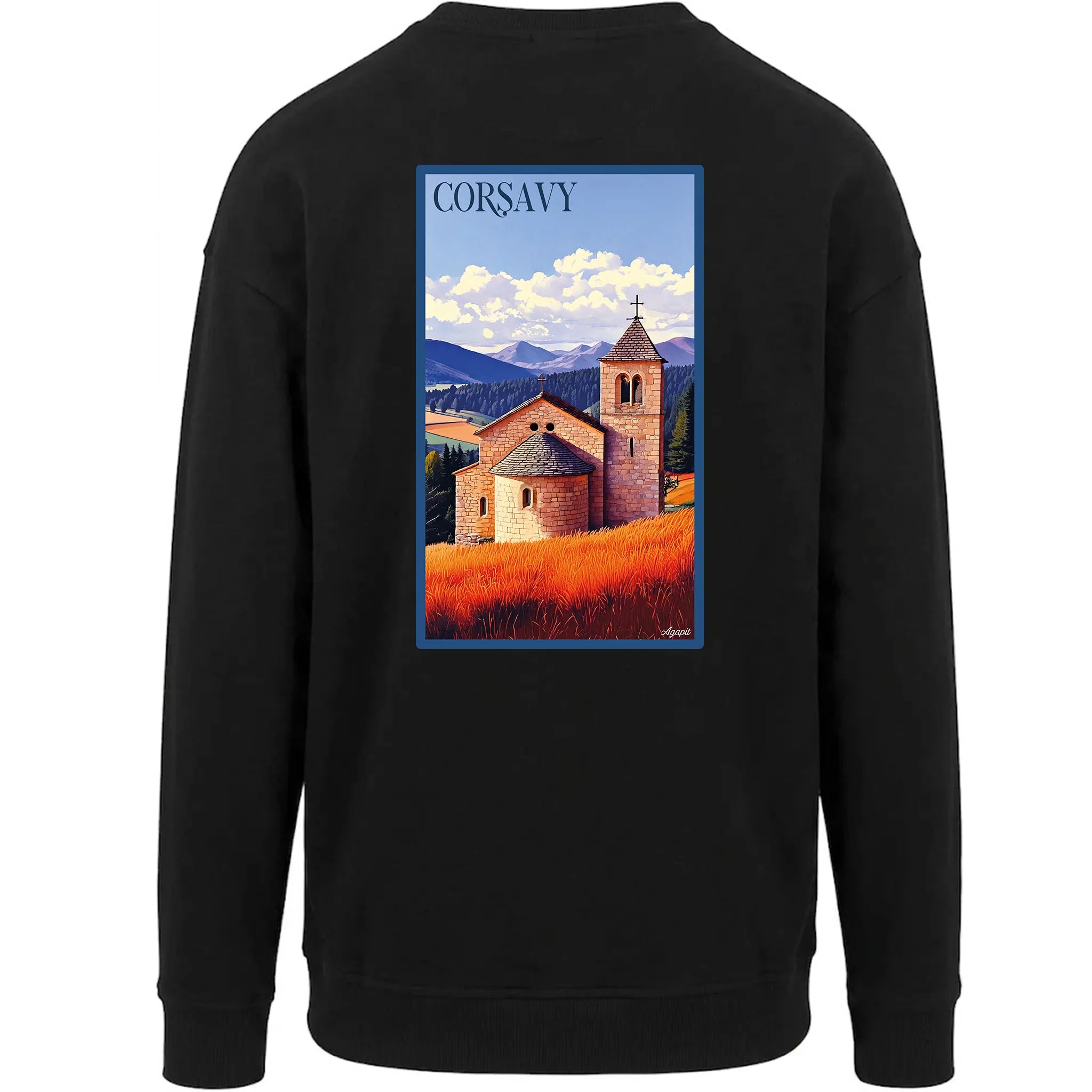 Sweat-shirt rétro Corsavy - Illustration vintage village de montagne et vestiges de château Agapit