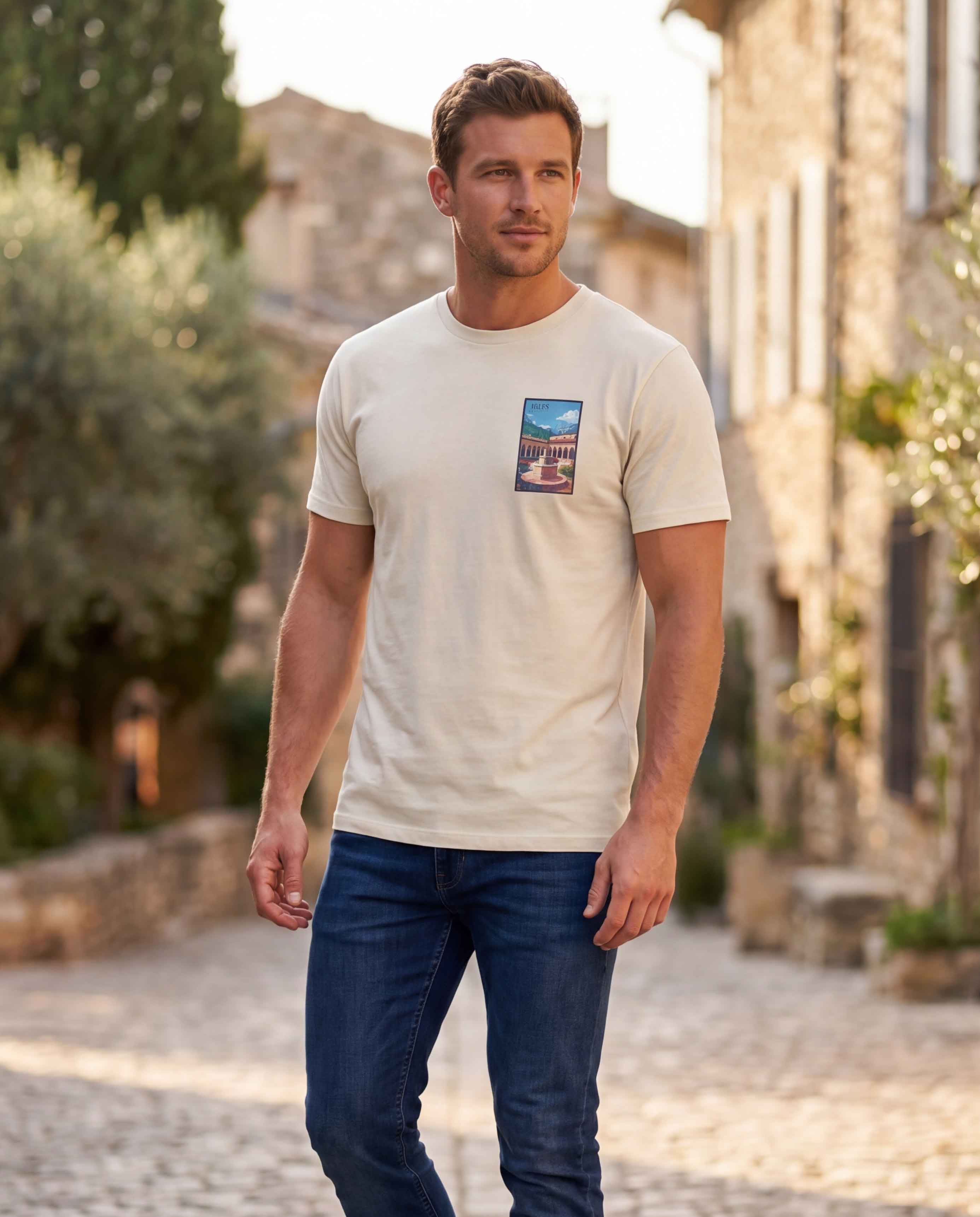 T-shirt illustration vintage Arles-sur-Tech - clocher et façades pastel - Agapit Artwear